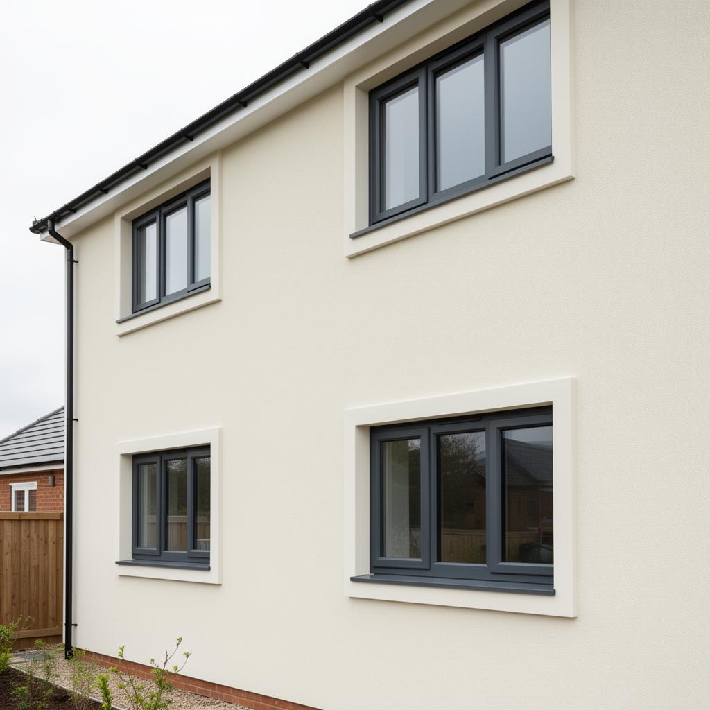 Finished cream K-Rend silicone thin-coat render on a modern Hampshire home with anthracite window frames